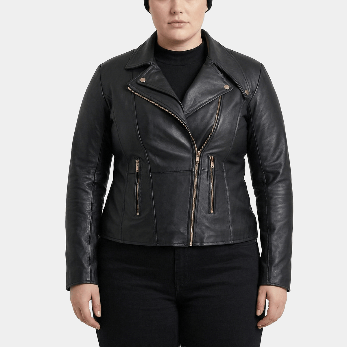 Auryn Plus Size Women's Black Leather Biker Jacket with Gold Hardware
