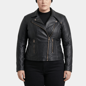 Auryn Plus Size Women's Black Leather Biker Jacket with Gold Hardware