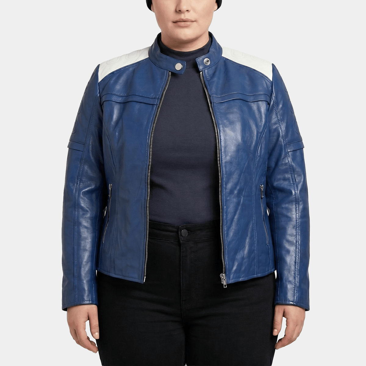 Caelyne Plus Size Women's Blue White Leather Café Racer Jacket