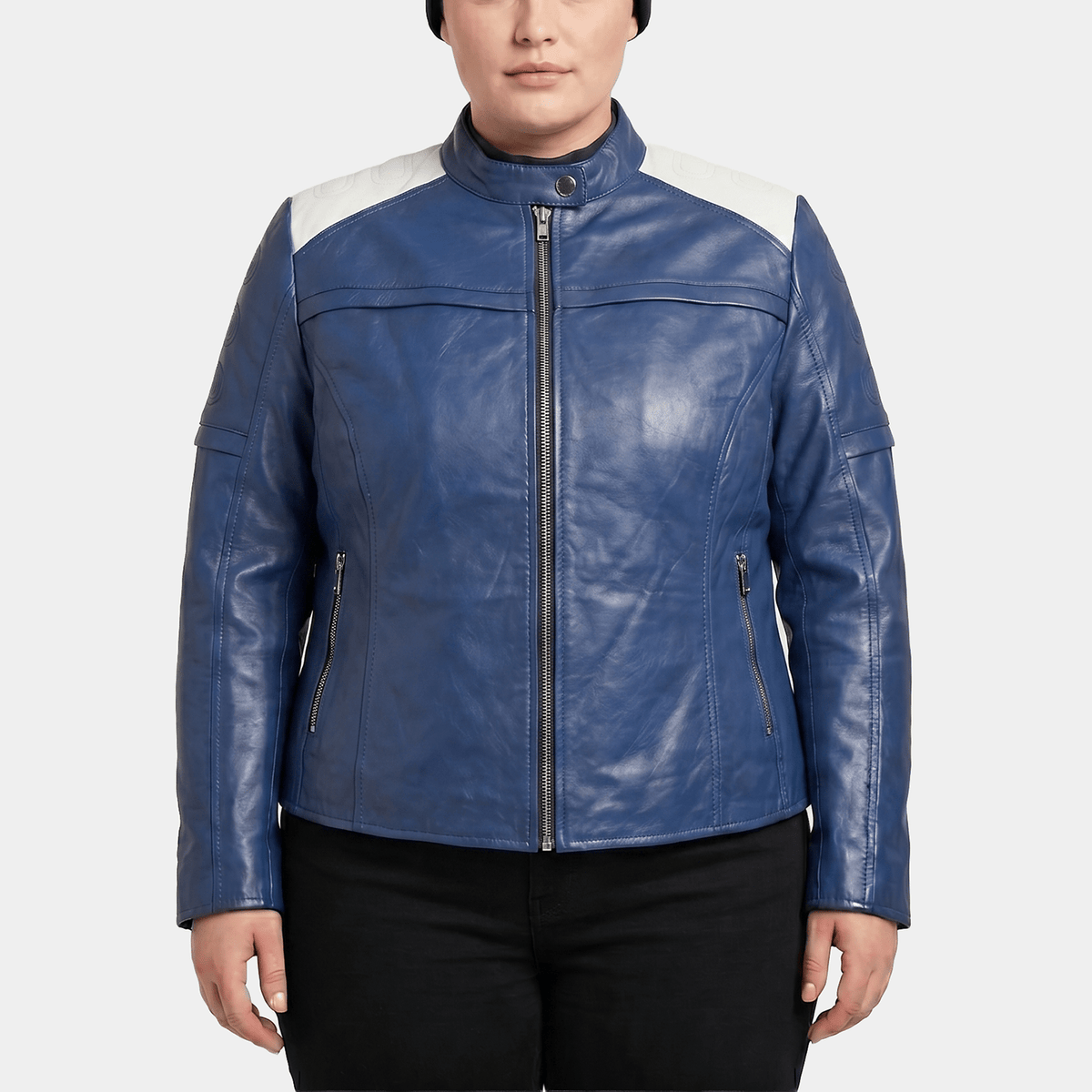 Caelyne Plus Size Women's Blue White Leather Café Racer Jacket