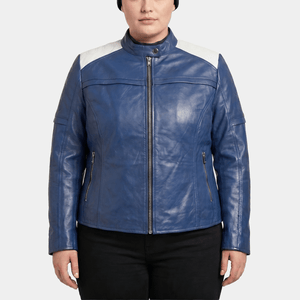 Caelyne Plus Size Women's Blue White Leather Café Racer Jacket