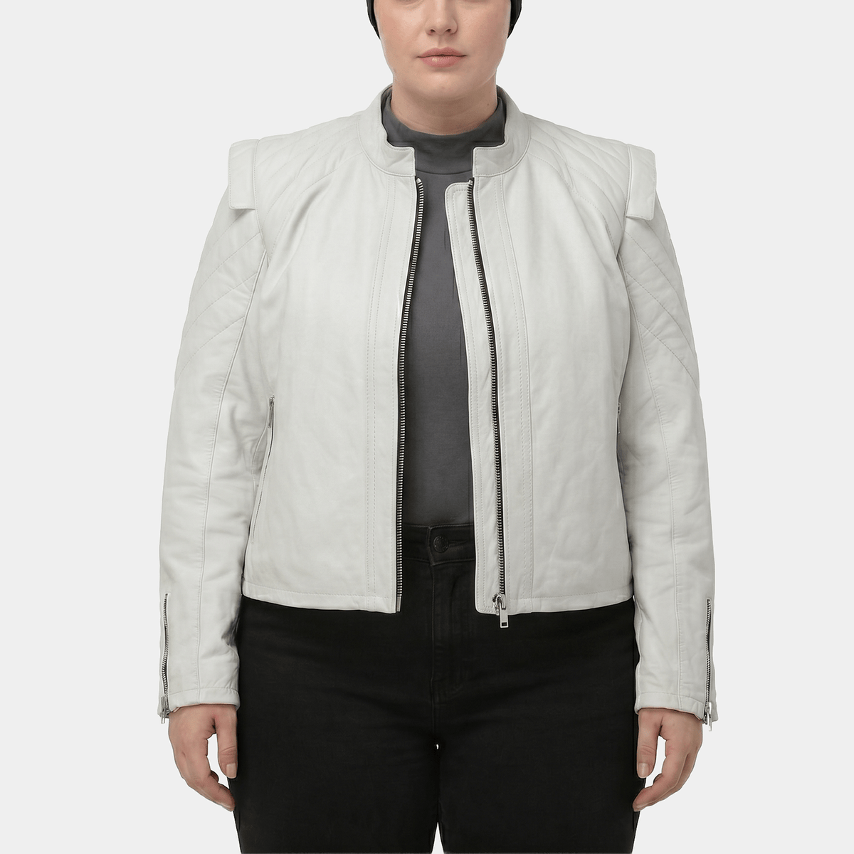 Isolde Plus Size Women's White Leather Biker Jacket