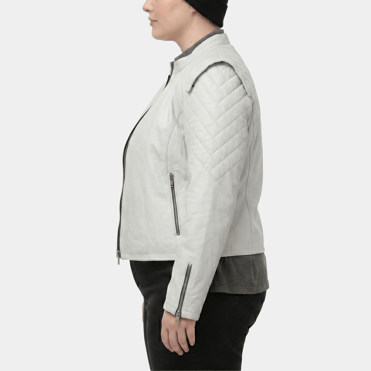 Isolde Plus Size Women's White Leather Biker Jacket