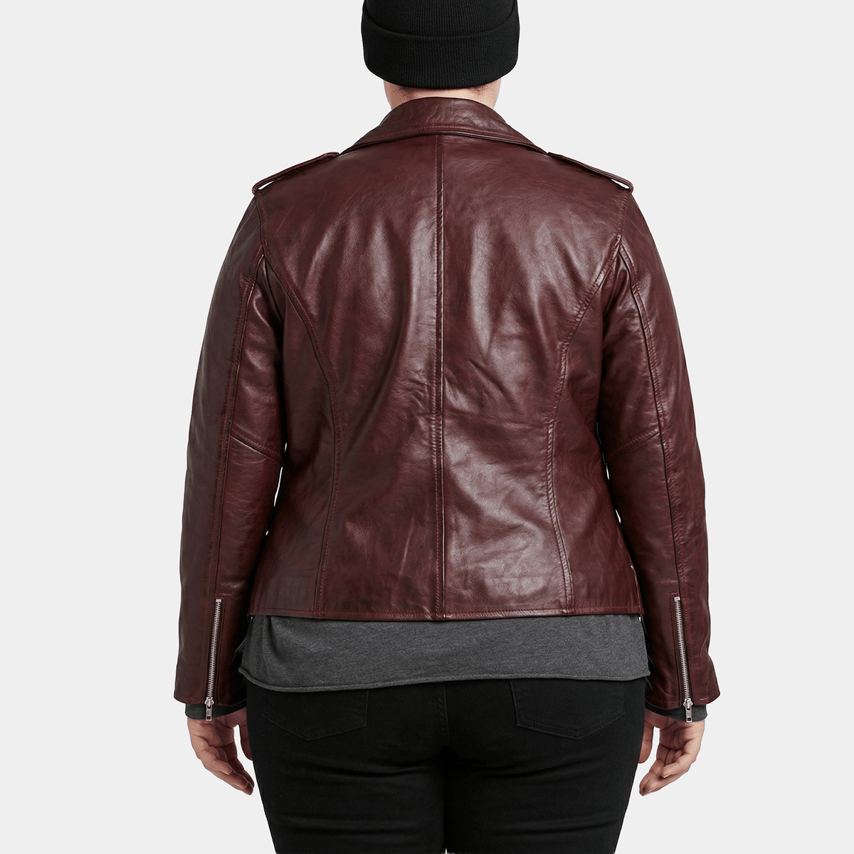Marlowe Plus Size Women's Burgundy Distressed Leather Belted Moto Jacket