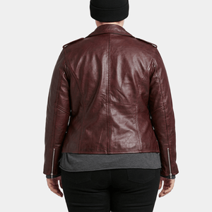 Marlowe Plus Size Women's Burgundy Distressed Leather Belted Moto Jacket