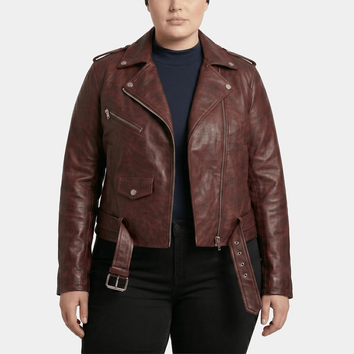 Marlowe Plus Size Women's Burgundy Distressed Leather Belted Moto Jacket