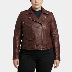 Marlowe Plus Size Women's Burgundy Distressed Leather Belted Moto Jacket