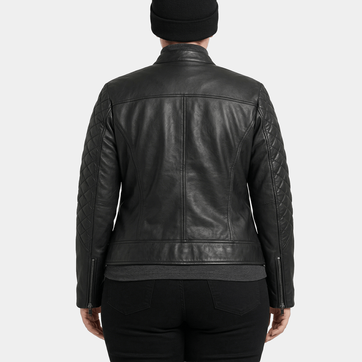 Nyx Plus Size Women's Black Quilted Leather Cafe Racer Jacket Back