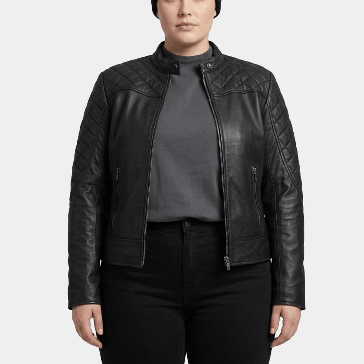 Nyx Plus Size Women's Black Quilted Leather Cafe Racer Jacket