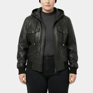 Raven Plus Size Women's Black Leather Hooded Bomber Jacket
