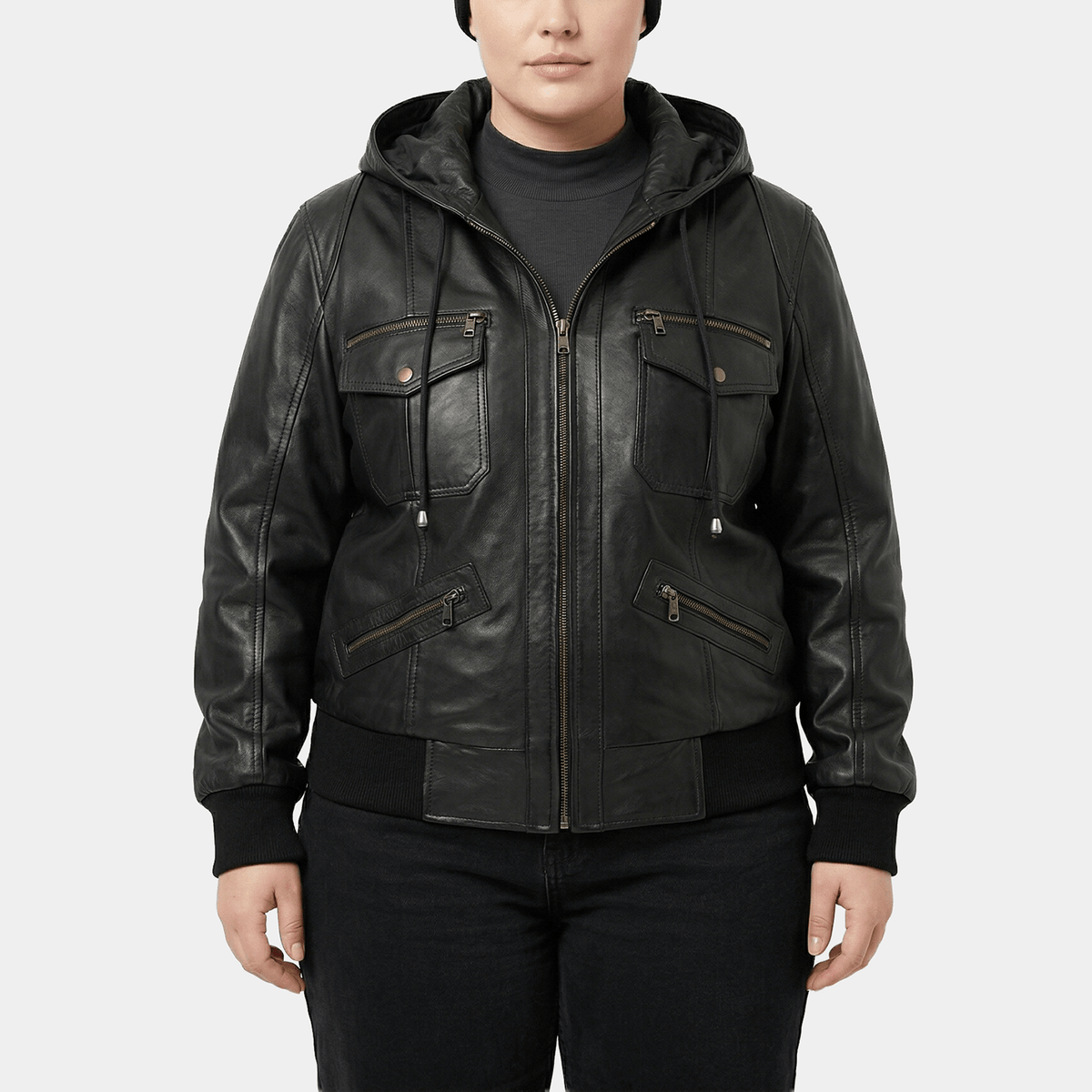 Raven Plus Size Women's Black Leather Hooded Bomber Jacket