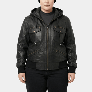 Raven Plus Size Women's Black Leather Hooded Bomber Jacket