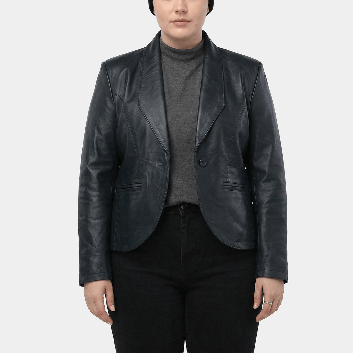 Ravenna Plus Size Women's Navy Leather Blazer Jacket