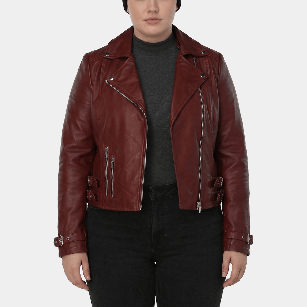 Sereia Plus Size Women's Oxblood Leather Asymmetric Biker Jacket