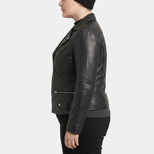 Thessa Plus Size Women's Black Leather Asymmetric Moto Jacket