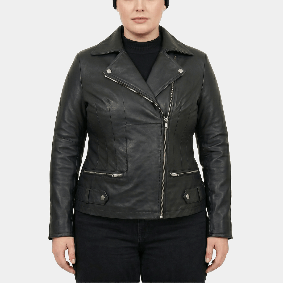 Thessa Plus Size Women's Black Leather Asymmetric Moto Jacket