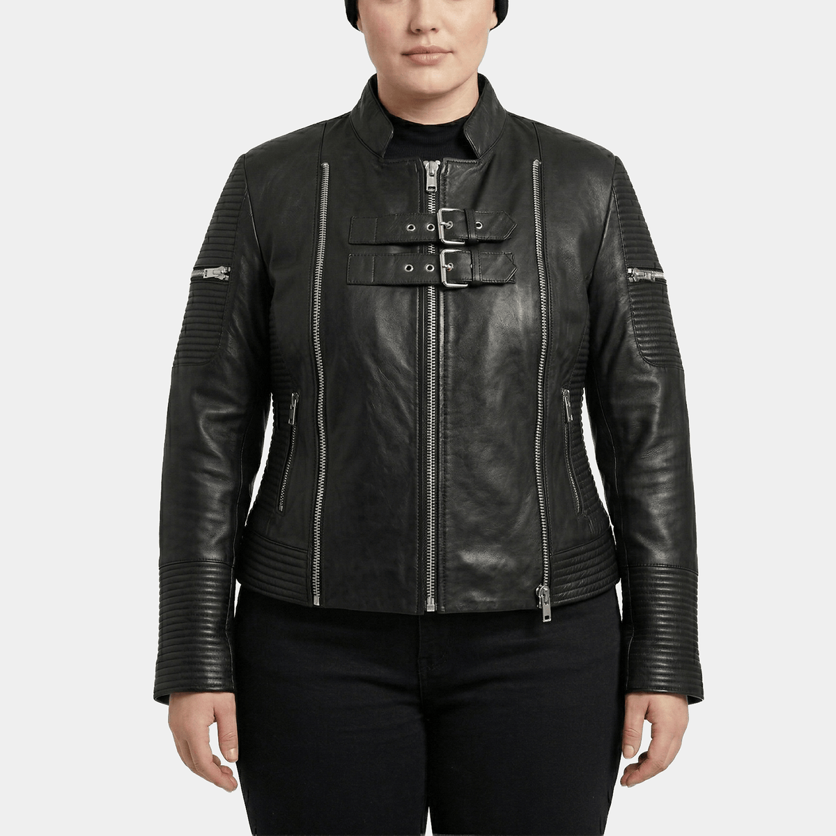 Valdis Plus Size Women's Black Leather Double Buckle Moto Jacket