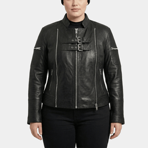 Valdis Plus Size Women's Black Leather Double Buckle Moto Jacket