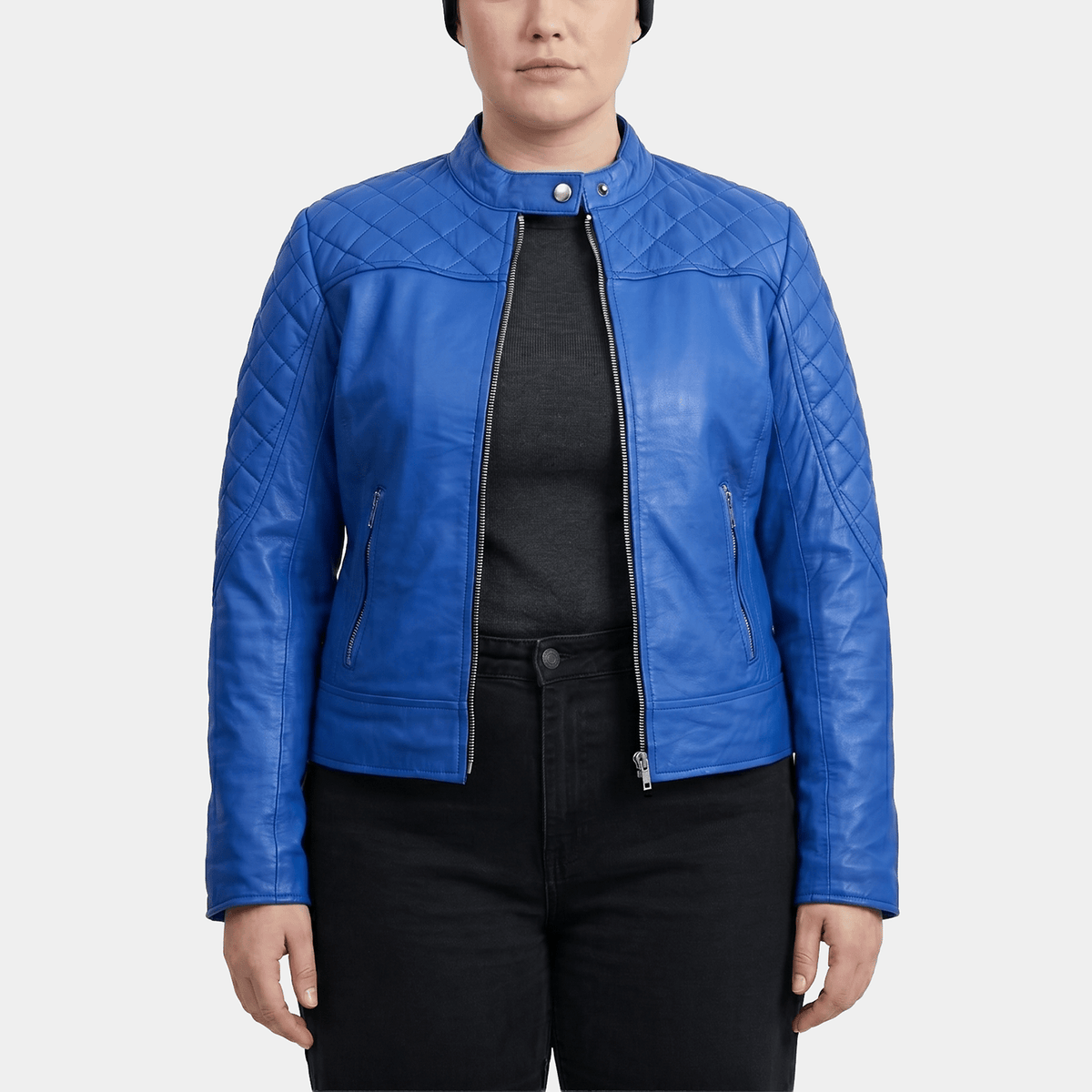 Vivienne Plus Size Women's Blue Quilted Leather Moto Jacket