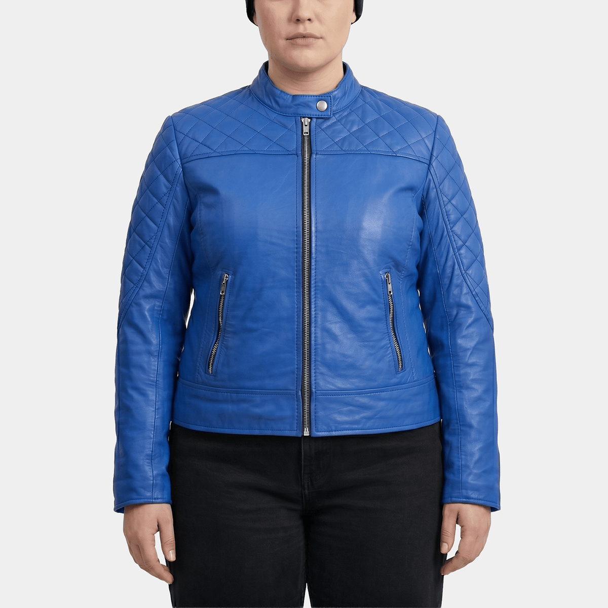 Vivienne Plus Size Women's Blue Quilted Leather Moto Jacket
