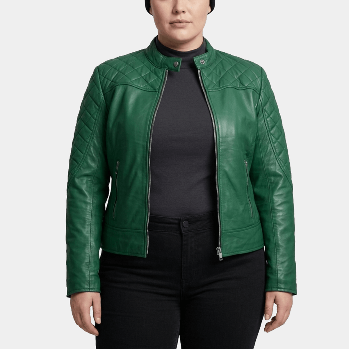 Vivienne Plus Size Women's Green Quilted Leather Moto Jacket