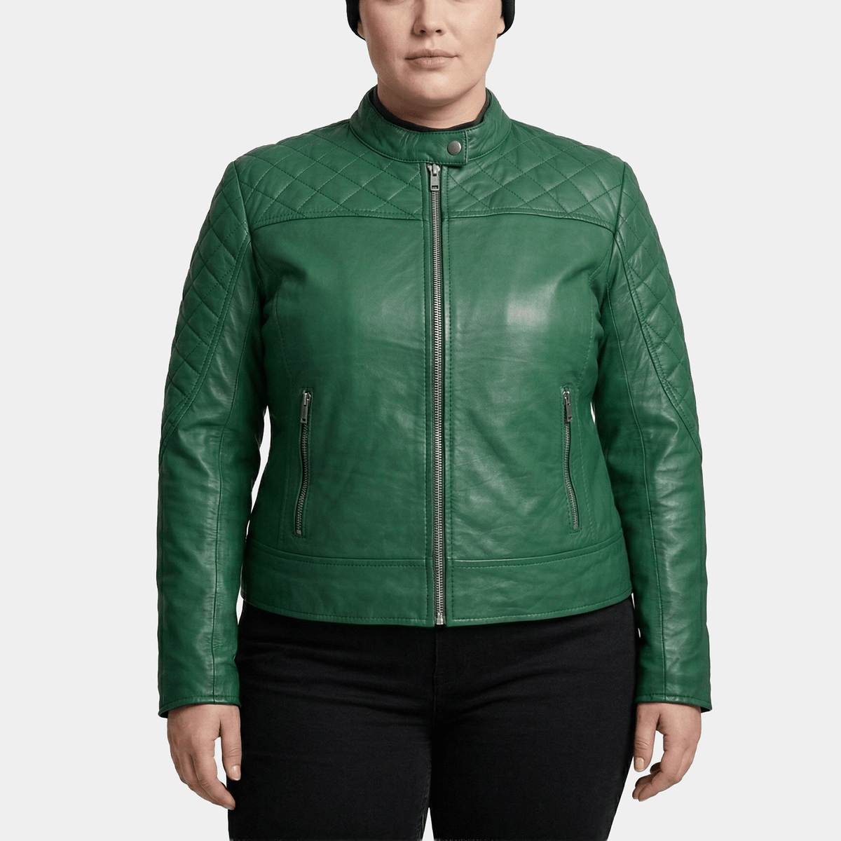 Vivienne Plus Size Women's Green Quilted Leather Moto Jacket