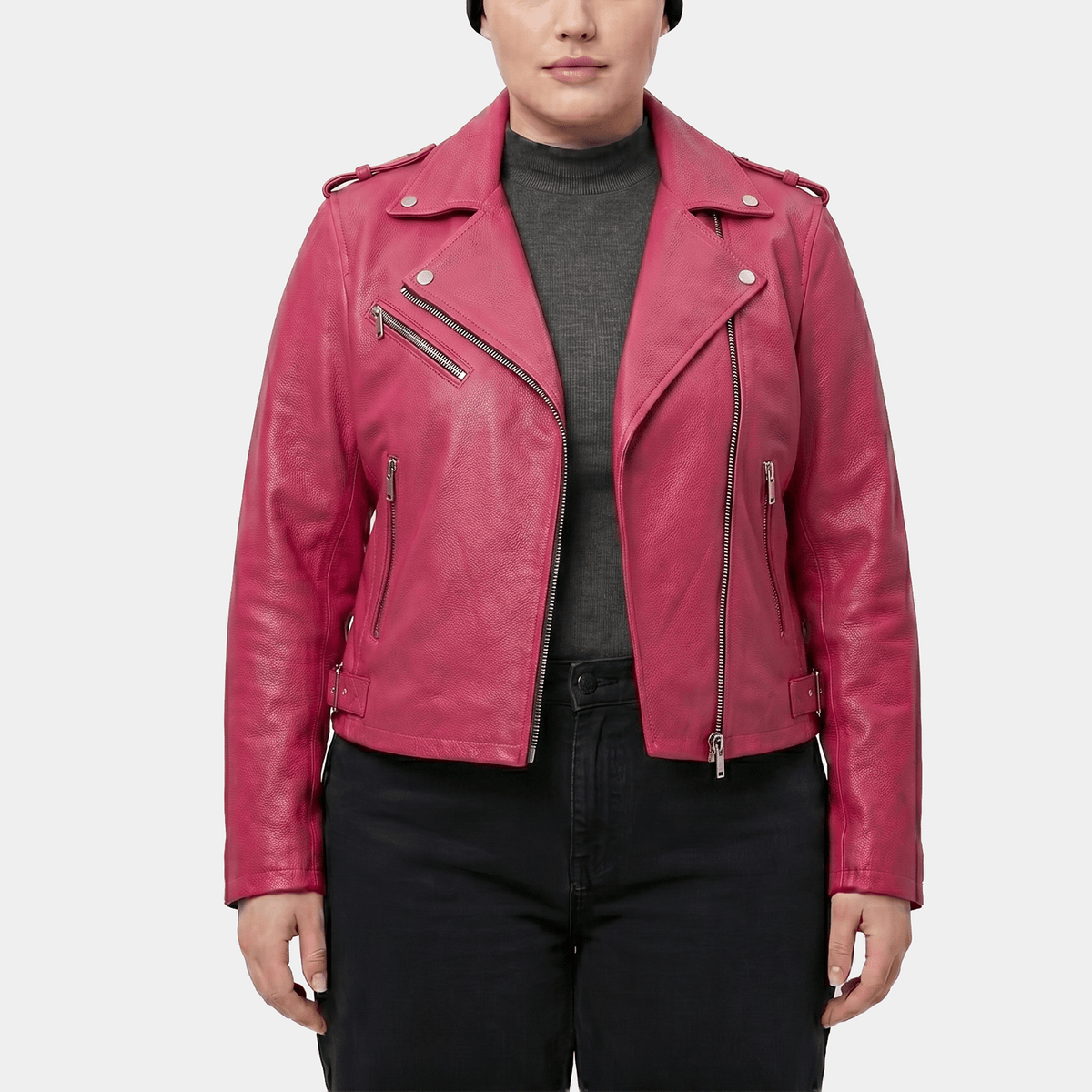 Zorah Plus Size Women's Hot Pink Leather Belted Biker Jacket