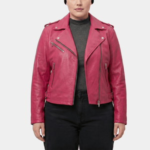 Zorah Plus Size Women's Hot Pink Leather Belted Biker Jacket