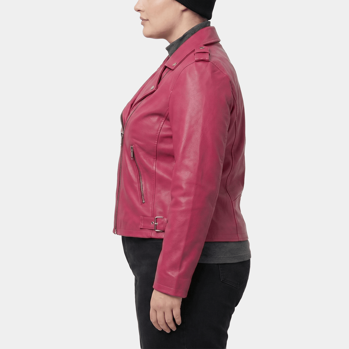 Zorah Plus Size Women's Hot Pink Leather Belted Biker Jacket