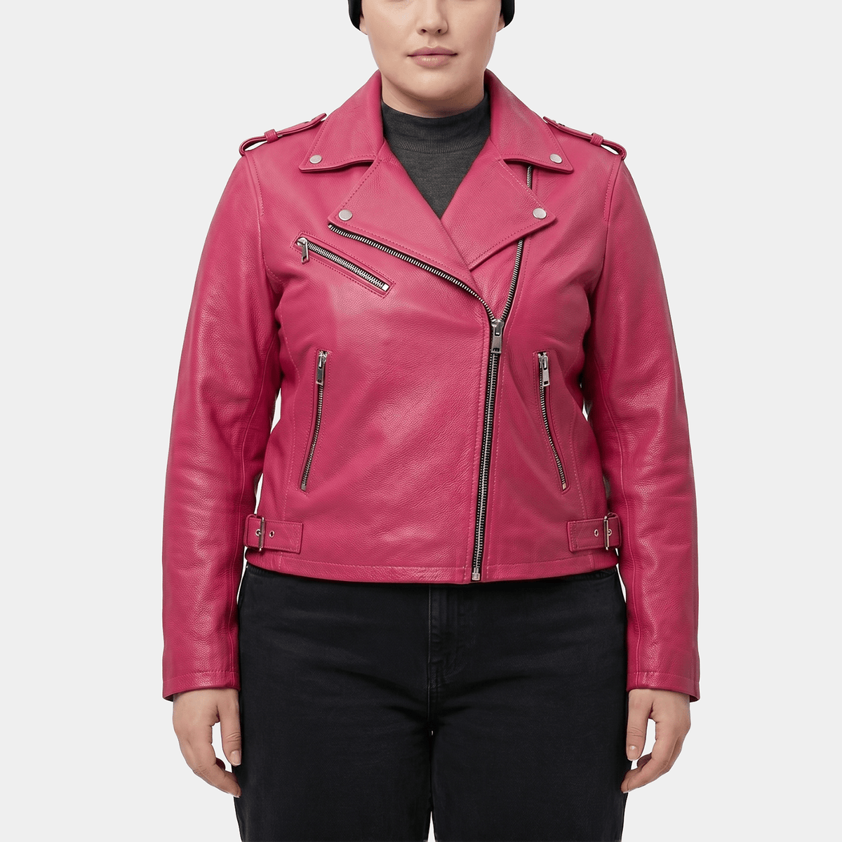 Zorah Plus Size Women's Hot Pink Leather Belted Biker Jacket