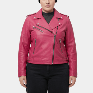 Zorah Plus Size Women's Hot Pink Leather Belted Biker Jacket