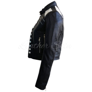 Leather Skin Women Black Leather Jacket with Diamond White Buttons