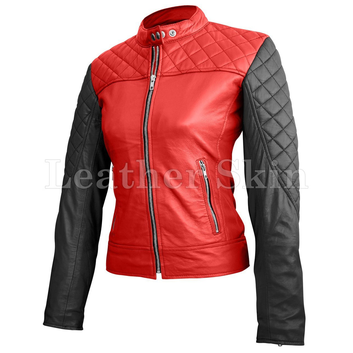 Leather Skin Women Red with Black Sleeves Shoulder Quilted Genuine Leather Jacket