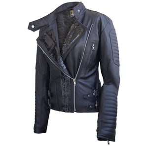 Leather Skin Women Black Genuine Leather Jacket with Black Stars