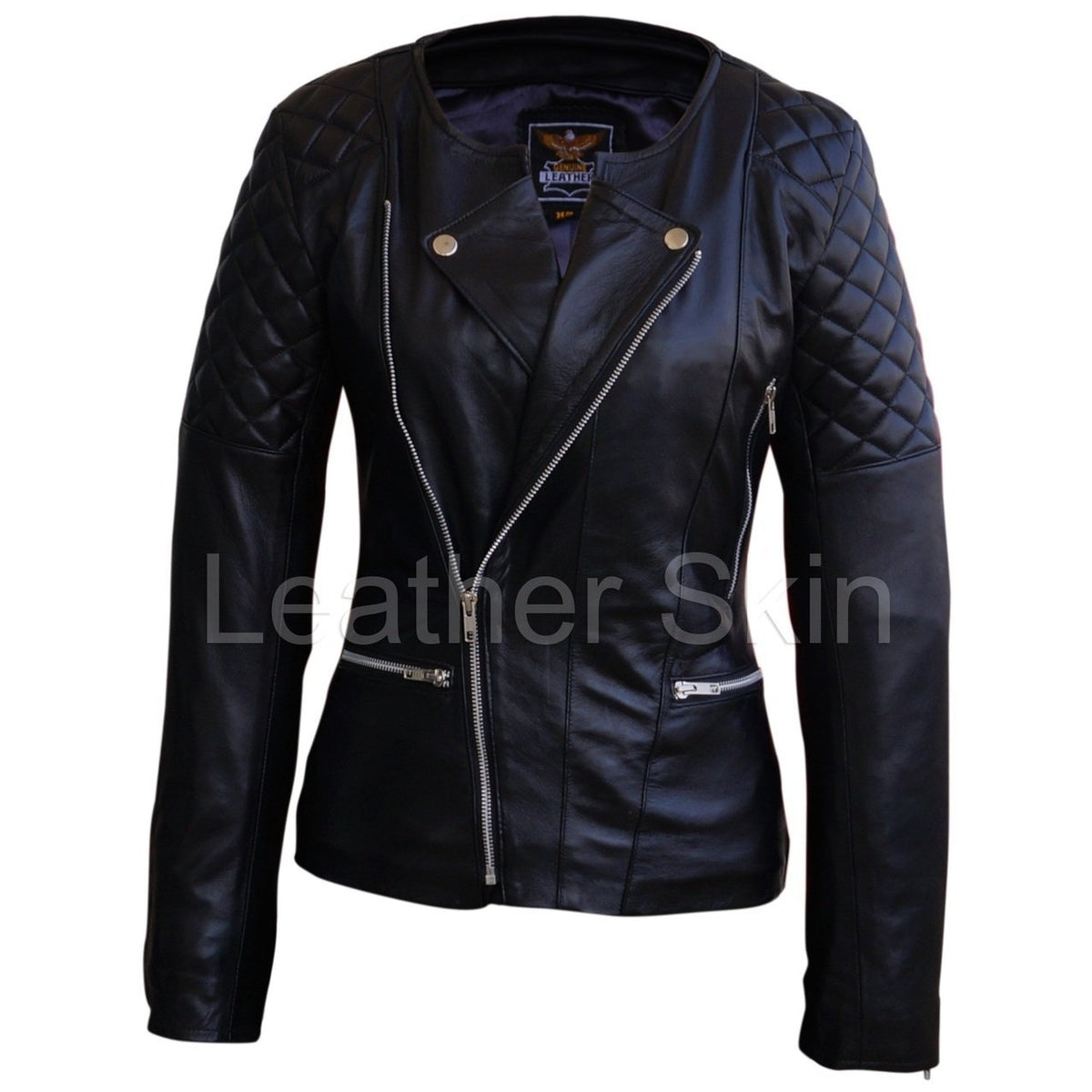 Leather Skin Women Black Brando Quilted Padded Genuine Leather Jacket