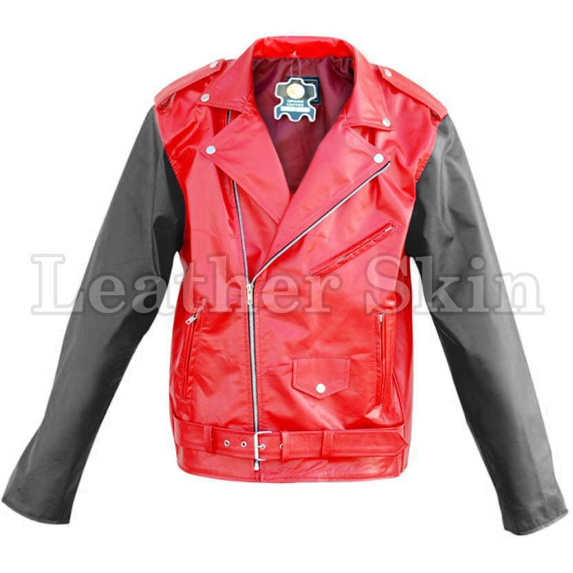 Leather Skin Red Brando Genuine Leather Jacket with Black Sleeves