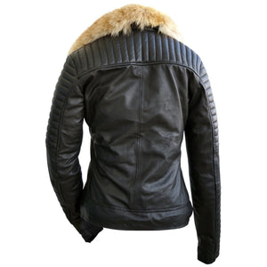 Leather Skin Brando Women Black Leather Jacket with Detachable Original Fox Fur