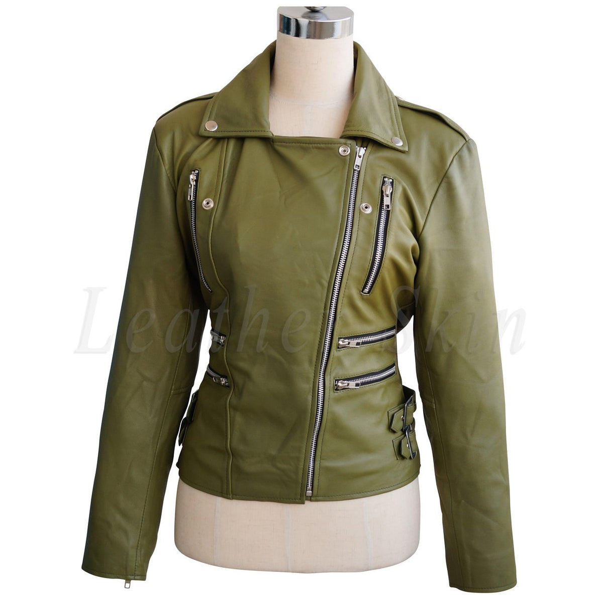 Women Olive Green Brando Detachable Hooded Hood Genuine Leather Jacket