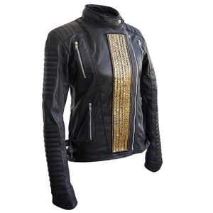 Leather Skin Women Black Genuine Leather Jacket with Gold Stars