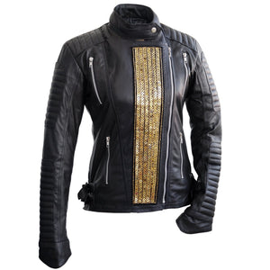 Leather Skin Women Black Genuine Leather Jacket with Gold Stars