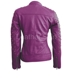 Leather Skin Women Purple Shoulder Quilted Gold Studs Studded Genuine Leather Jacket