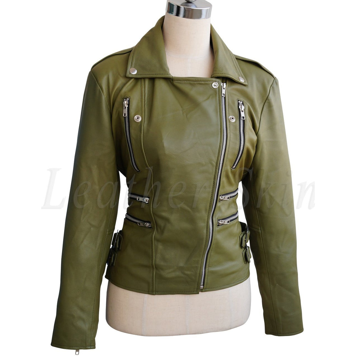 Women Olive Green Brando Detachable Hooded Hood Genuine Leather Jacket