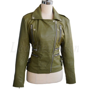 Women Olive Green Brando Detachable Hooded Hood Genuine Leather Jacket