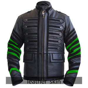 NWT Stylish Black Men Miltary Genuine Leather Jacket with green Sleeves