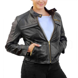 Black Biker Leather Jacket with Gold Zippers for Women