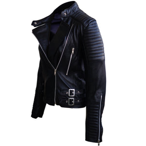Leather Skin Women Black Brando Shoulder Sleeve Padded Genuine Leather Jacket