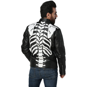 Black Biker Leather Jacket with White Skeleton