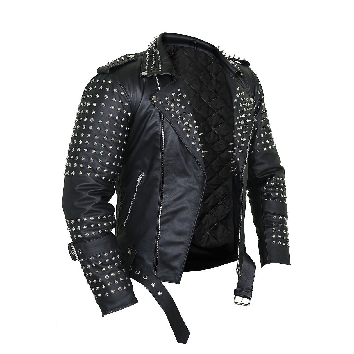 Black Punk Leather Jacket with Spikes Decor
