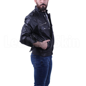 Black leather jacket with side pocket
