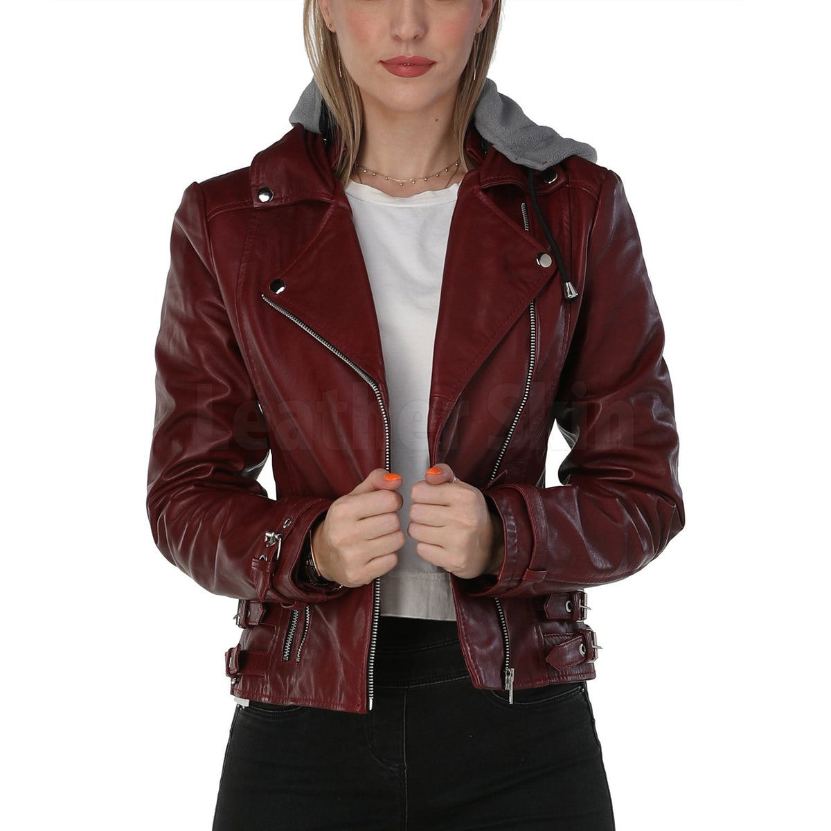 Burgundy Leather Jacket with Gray Hood